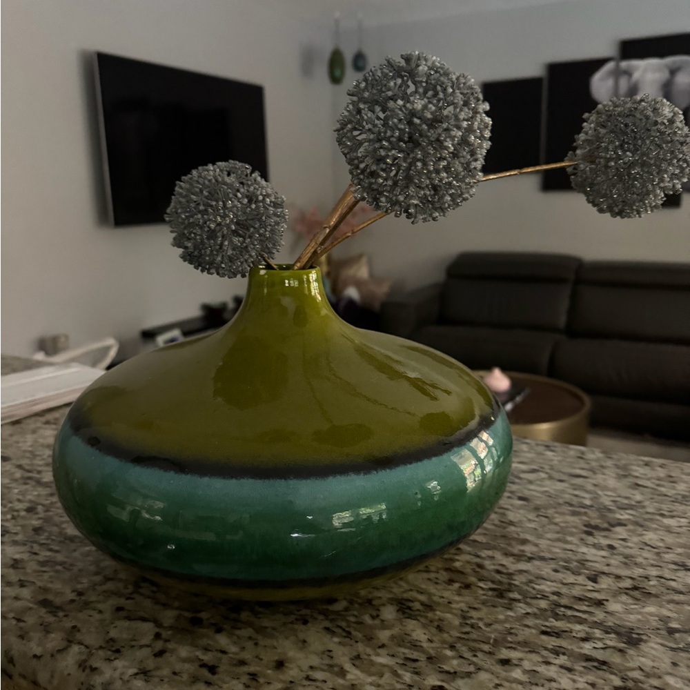 Pier 1 Olive and Teal Ceramic Vase